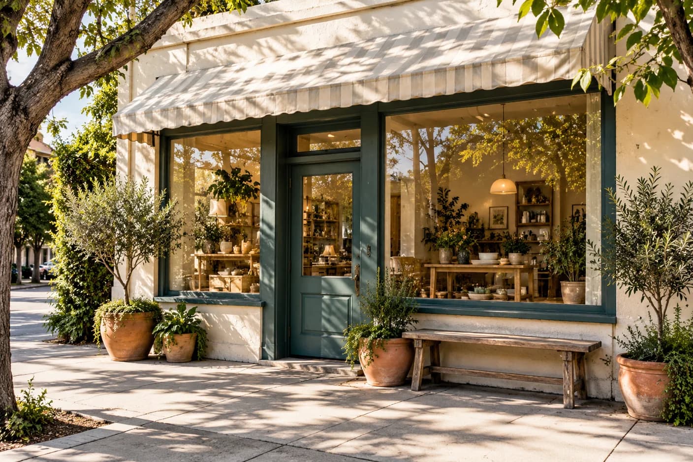 A neighborhood storefront with green doors, plants, and warm California light