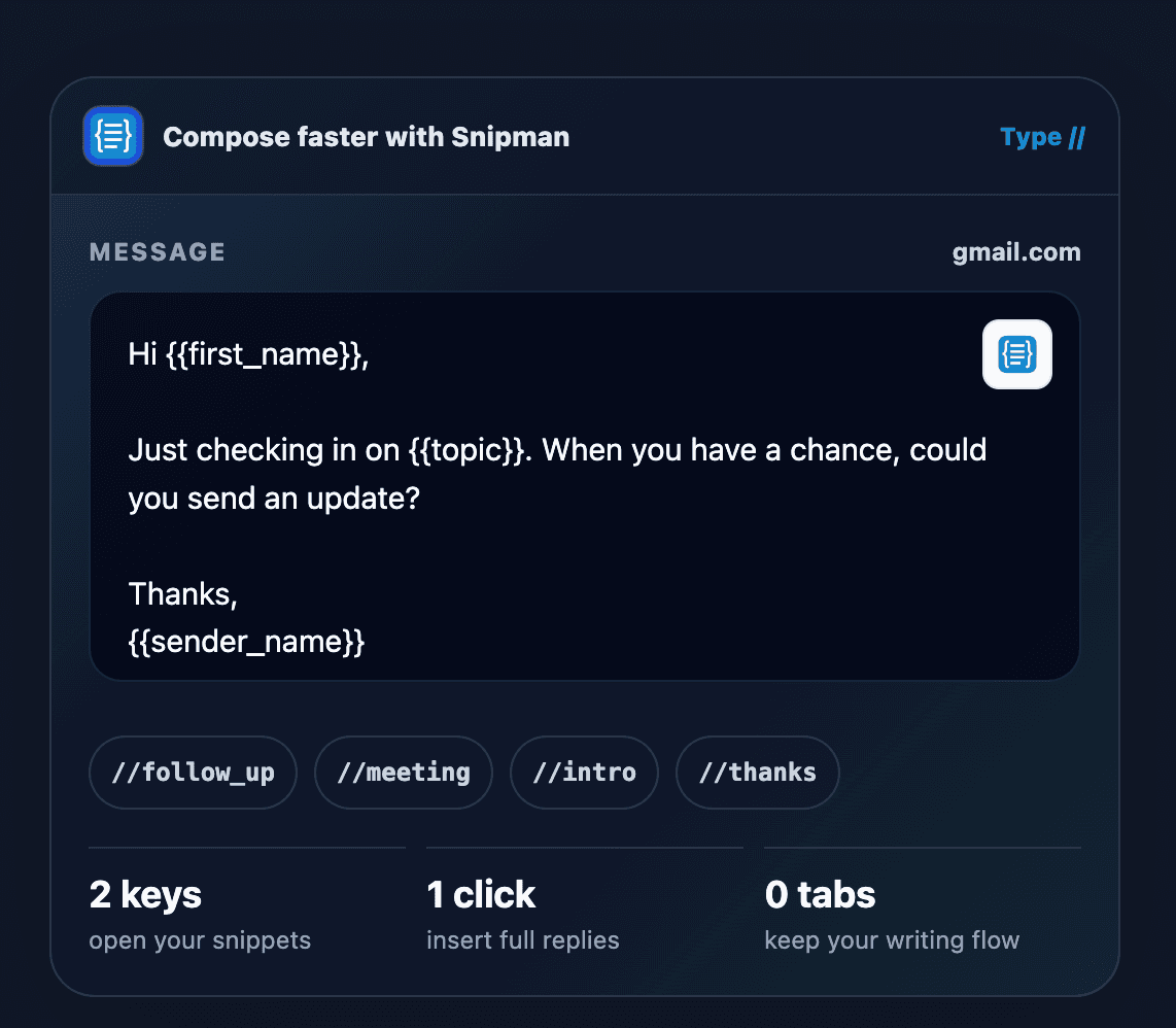 Snipman composing a reusable follow-up with dynamic first name, topic, and sender fields