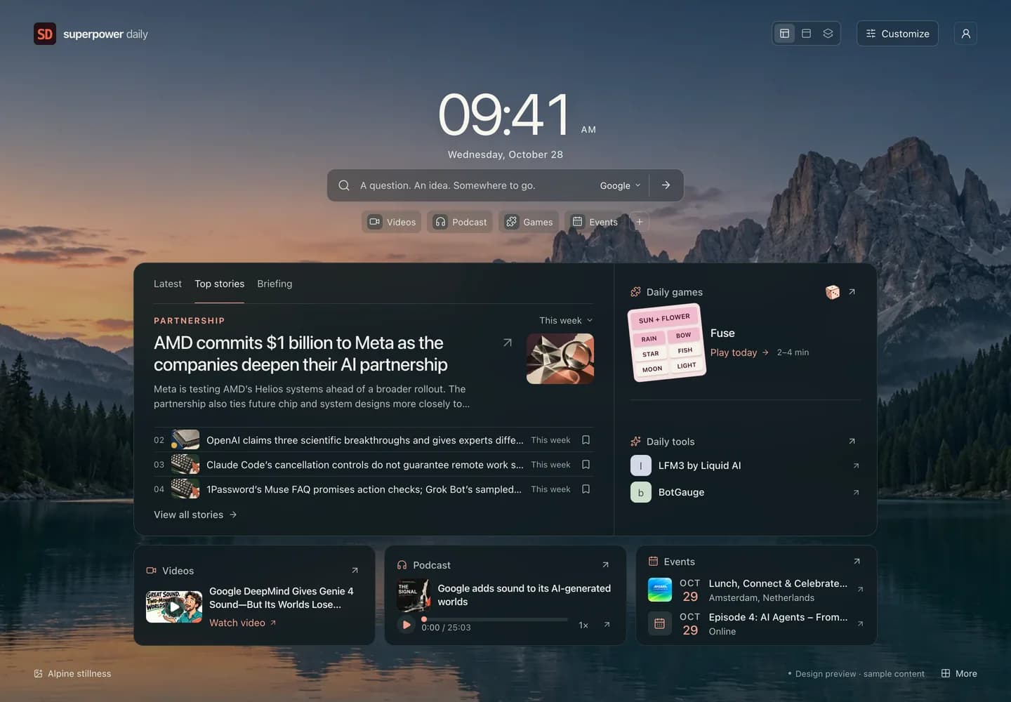A Superpower Daily new tab showing AI news, daily games, tools, videos, and a podcast against an alpine lake background