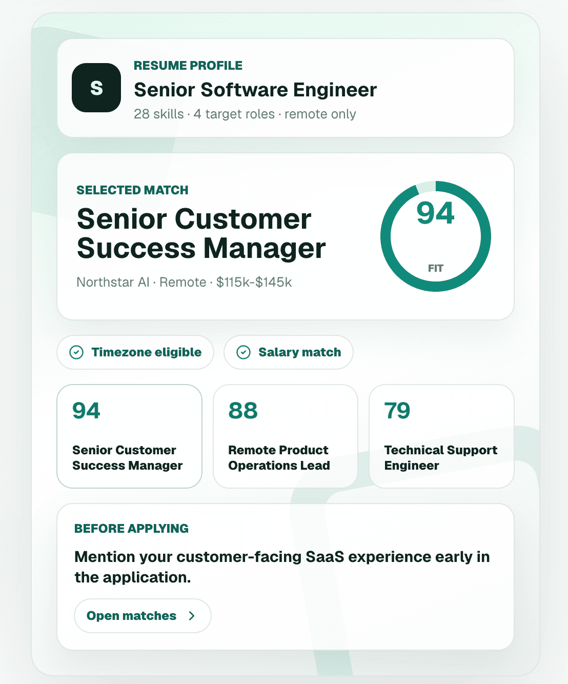 WFH.team profile and selected remote job match with fit score, salary match, timezone eligibility, ranked alternatives, and application guidance