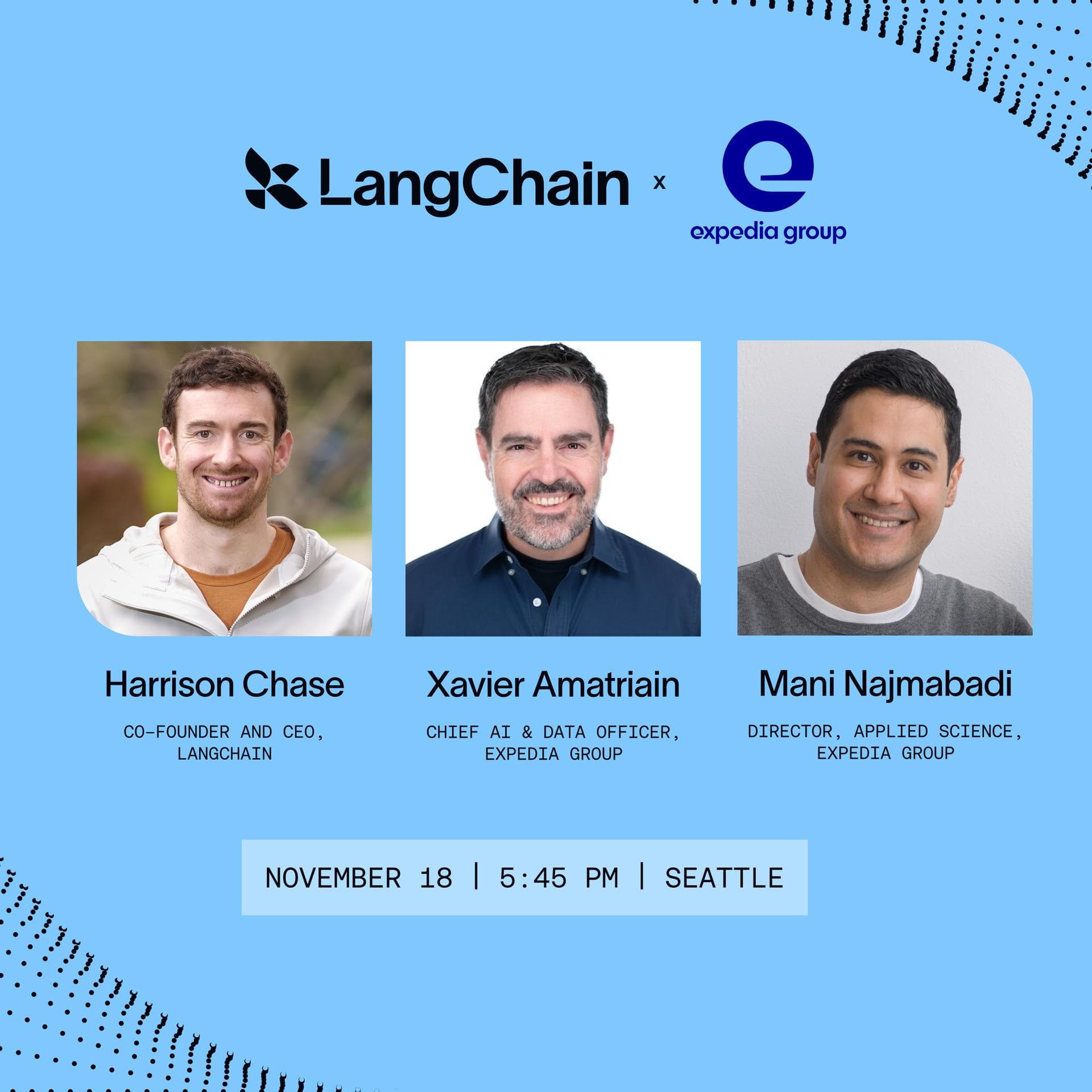 LangChain Meetup: An Evening with Harrison Chase & Xavi Amatriain event artwork
