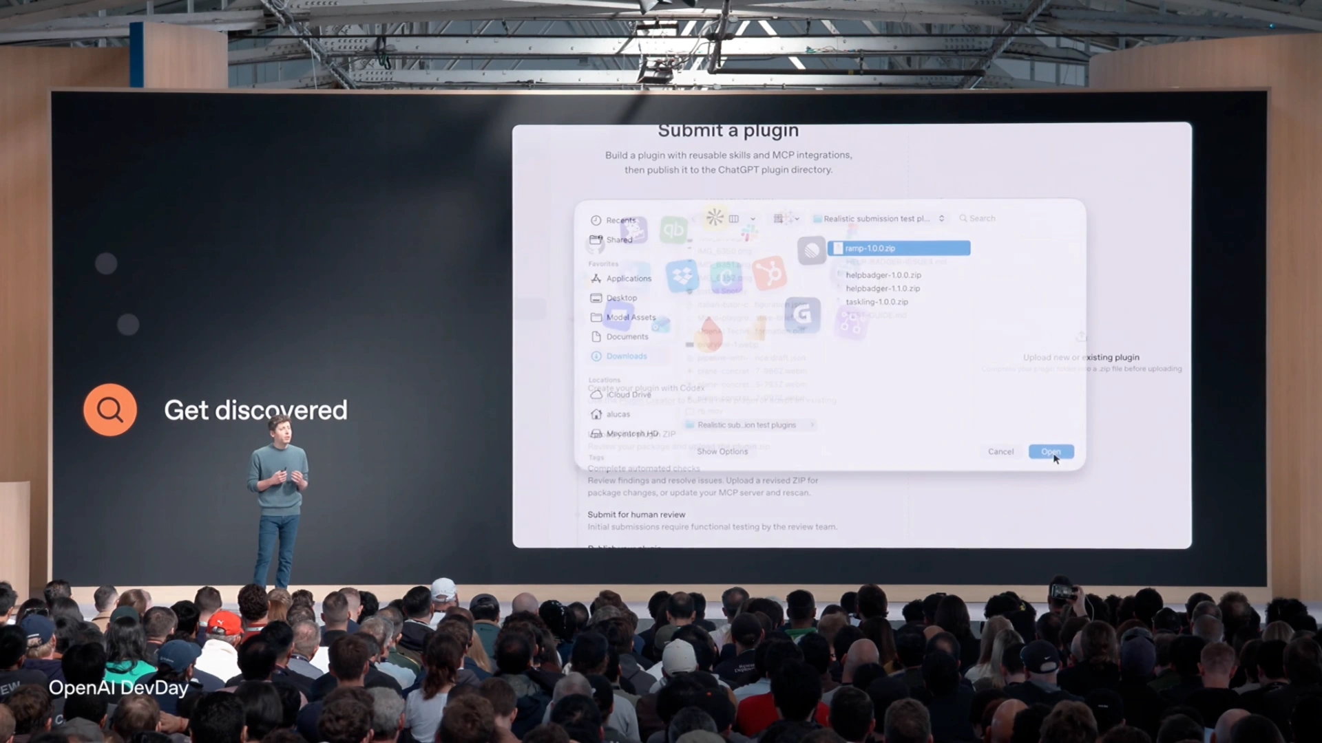 The presentation slide reads “Get discovered” beside a screenshot of a plugin-submission interface.