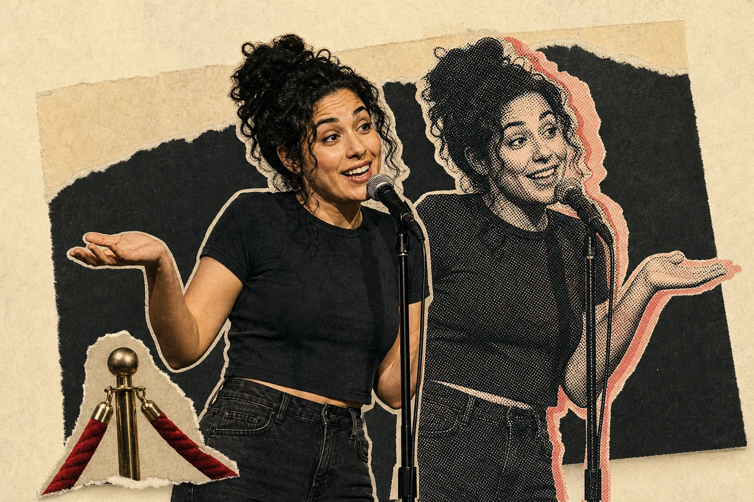 Editorial illustration supporting WIRED finds AI accounts copying eight comedians to promote adult subscriptions