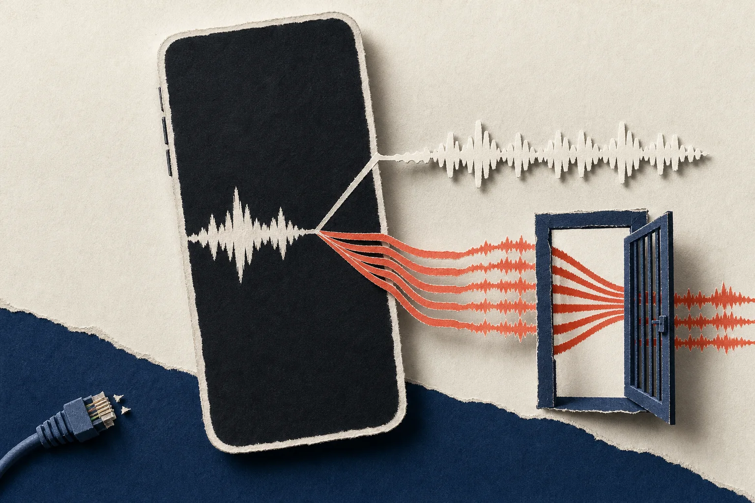 Editorial illustration supporting Gradium releases compact AI speech models for offline apps, with a licensing split