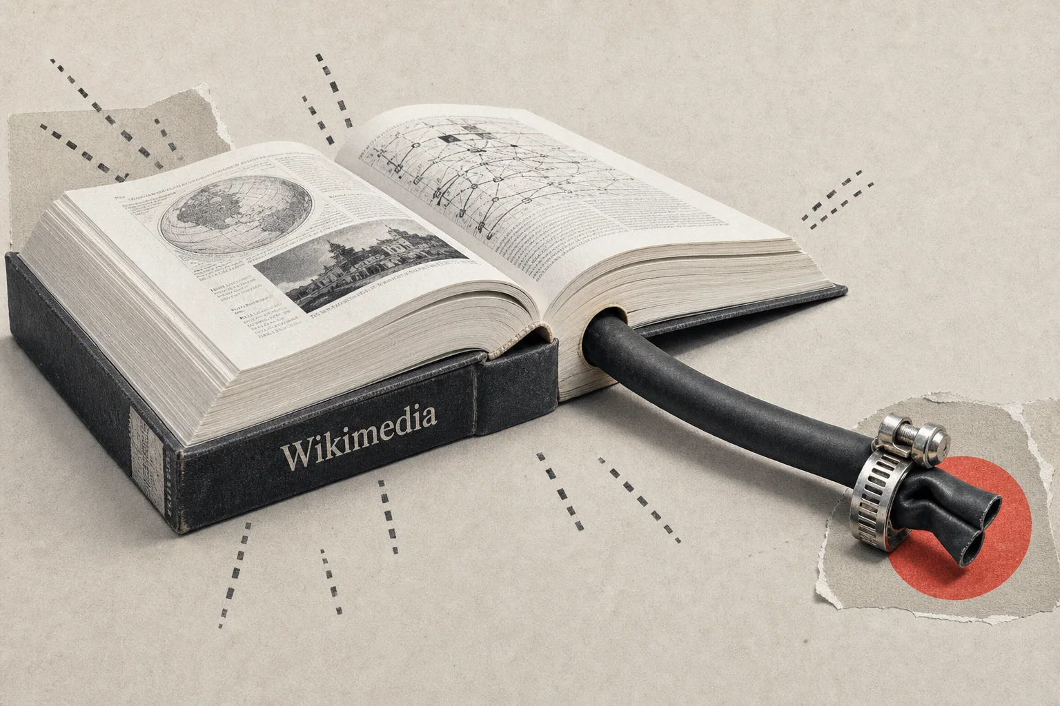 Editorial illustration supporting Wikimedia Says Suspected OpenAI Agents Edited Its Wikis and Probed Public Tools