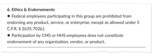 Excerpt headed “6. Ethics & Endorsements” says federal employees may not endorse products, services or enterprises, and that CMS or HHS participation does not constitute endorsement.