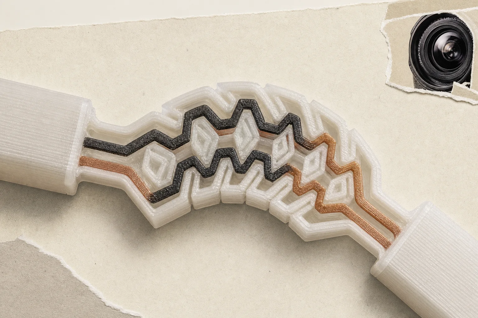 Editorial illustration supporting MIT researchers build sensing into 3D-printed objects, from robot gloves to lamps