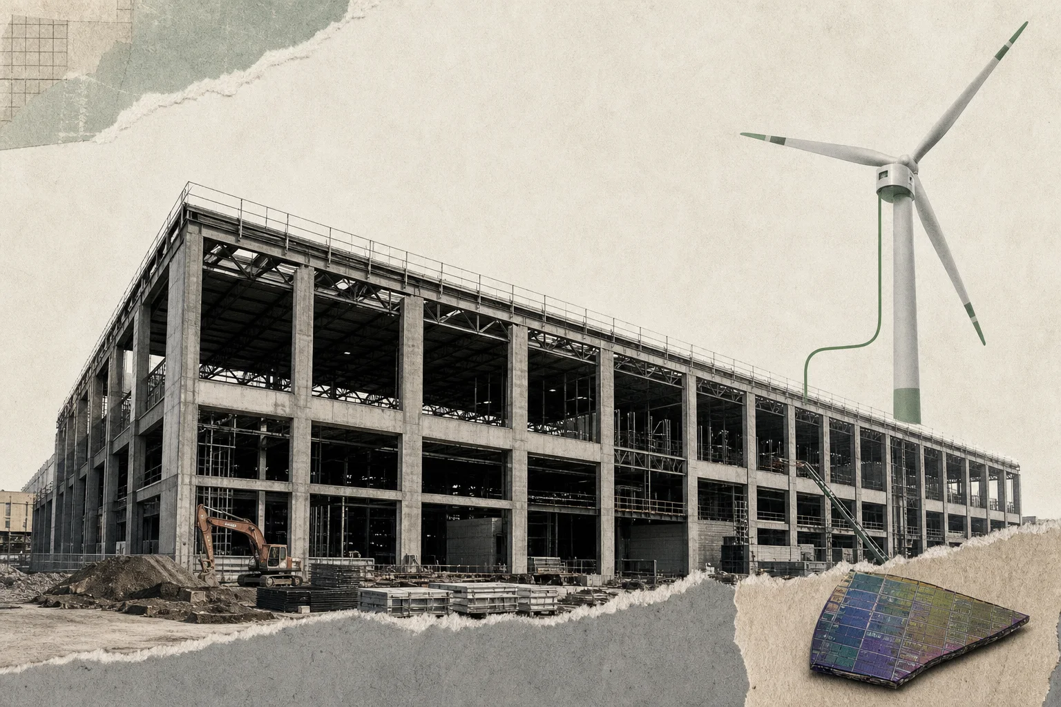 Editorial illustration supporting Envision says its AI campus’s first phase is booked, with over 80% direct wind power planned
