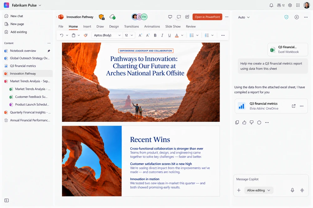 A PowerPoint presentation is open in a notebook workspace beside a Copilot chat panel, with editing controls and teammate presence icons visible.