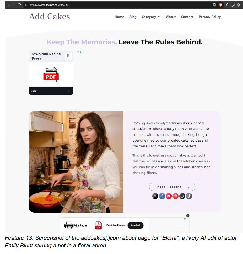 Screenshot of the Add Cakes About page showing a woman stirring a pot beside a profile for “Elena.”