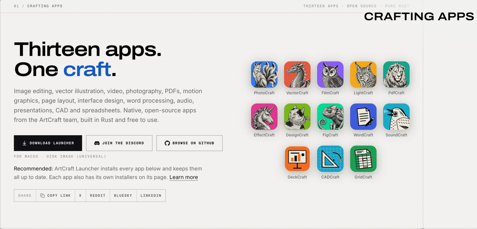 ArtCraft webpage headed “Thirteen apps. One craft.” with a grid of 13 app icons and names.