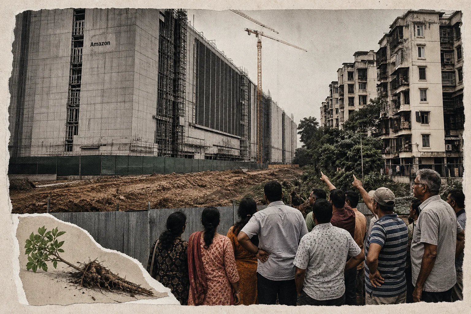 Editorial illustration supporting Thane residents demand Amazon relocate a 54-acre data center near their homes