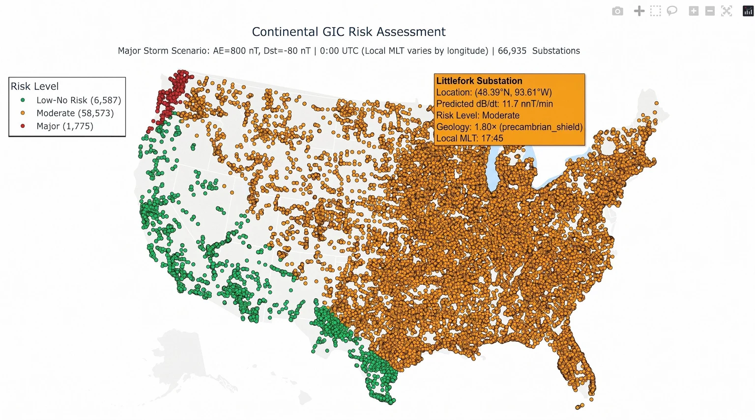 Map of the continental United States with green, orange, and red points marking substations by risk level.