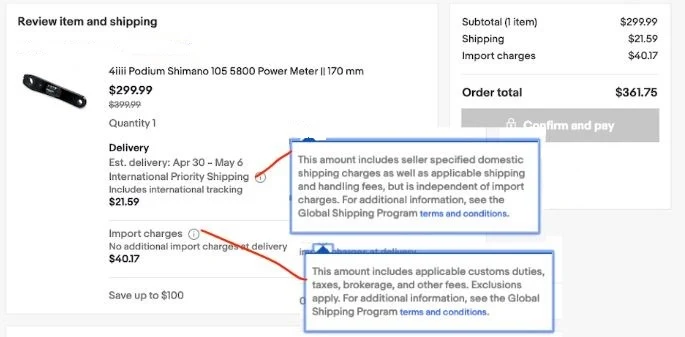 Checkout review showing an item, delivery and import charges, and an order total.