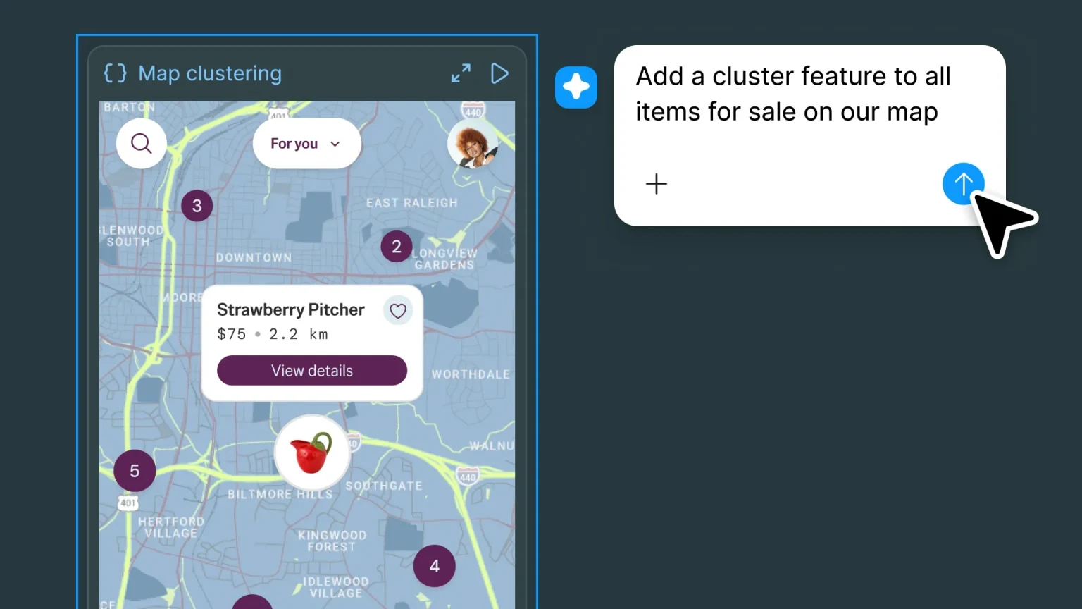 A map-based shopping prototype labeled “Map clustering” appears beside a prompt to add a cluster feature to items for sale.