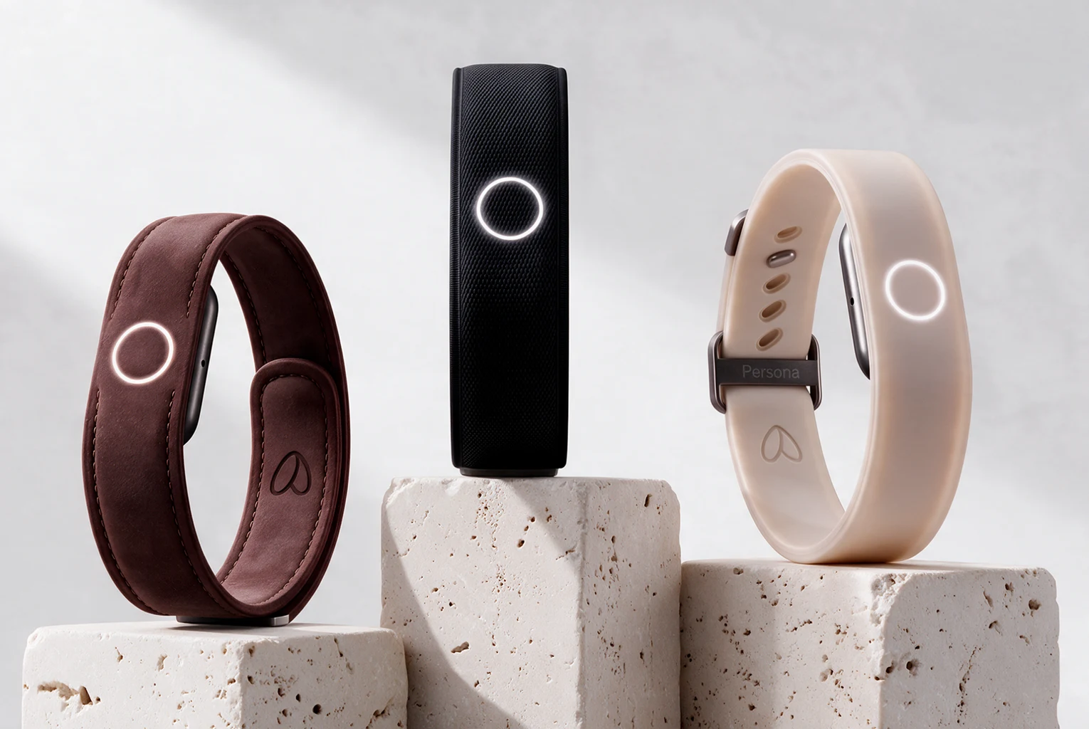 Three wristbands in dark brown, black, and pale pink, each with a circular illuminated detail, displayed on stone blocks.