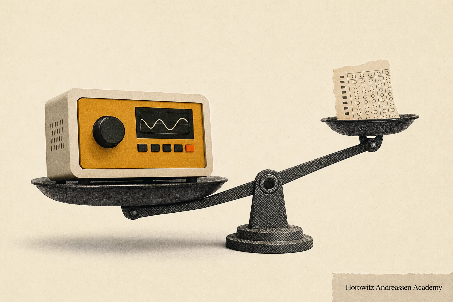 Editorial illustration supporting Academy founder puts shipped products ahead of grades in a16z-backed college alternative
