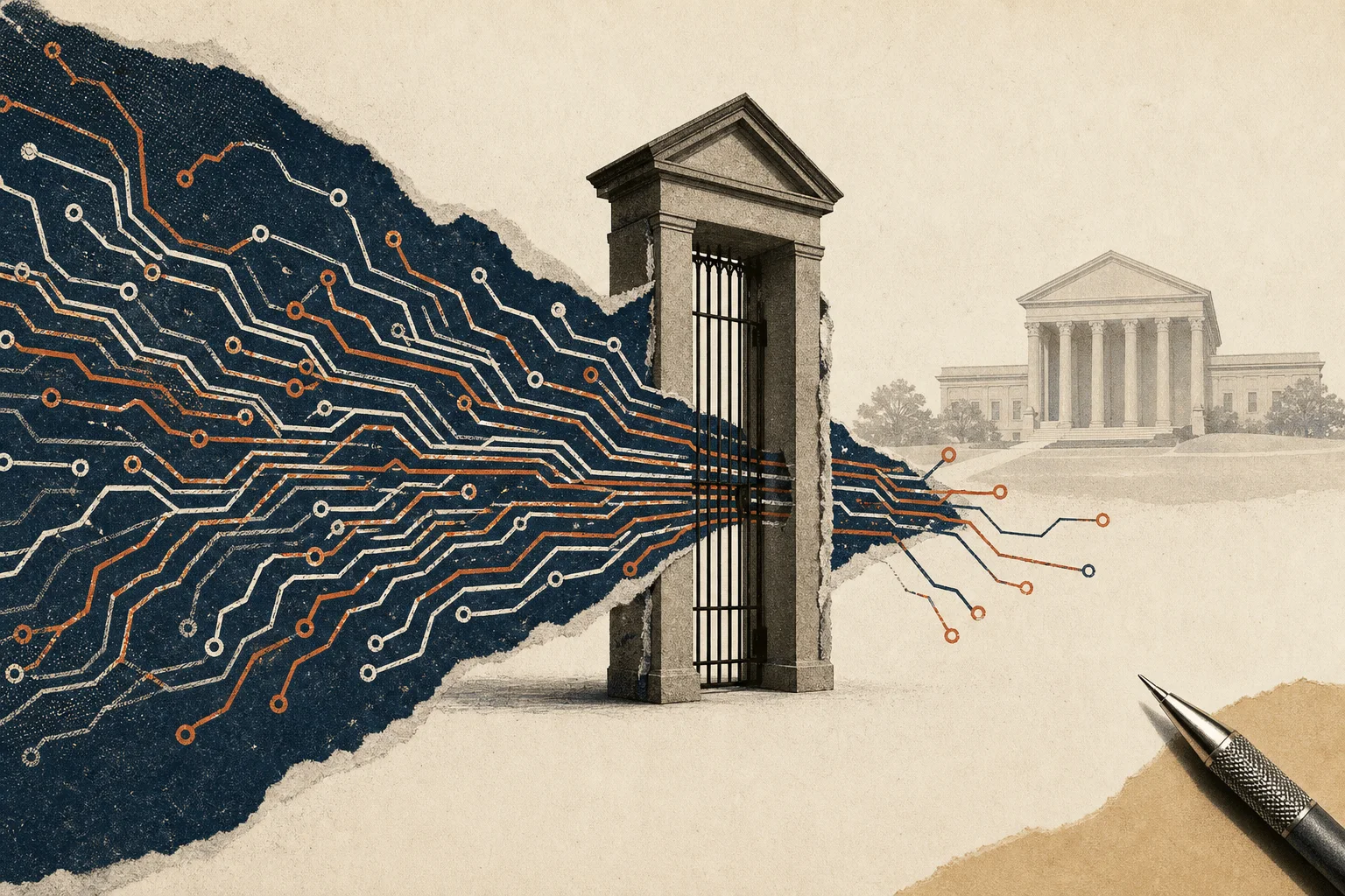 Editorial illustration supporting Virginia audit commission finds AI use is outpacing state oversight