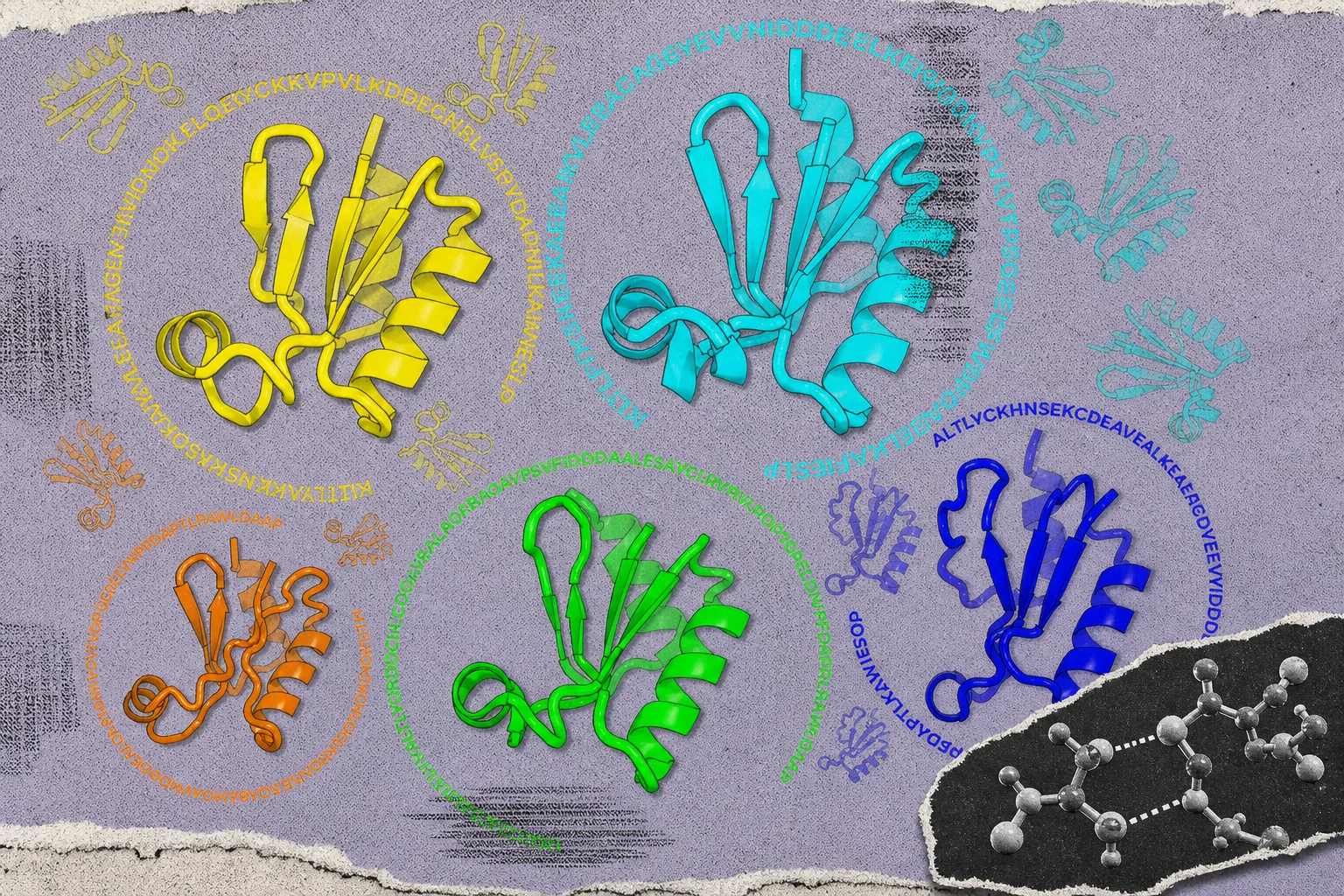 Five protein structures with amino-acid sequences, including one natural structure and four associated with designed sequences.