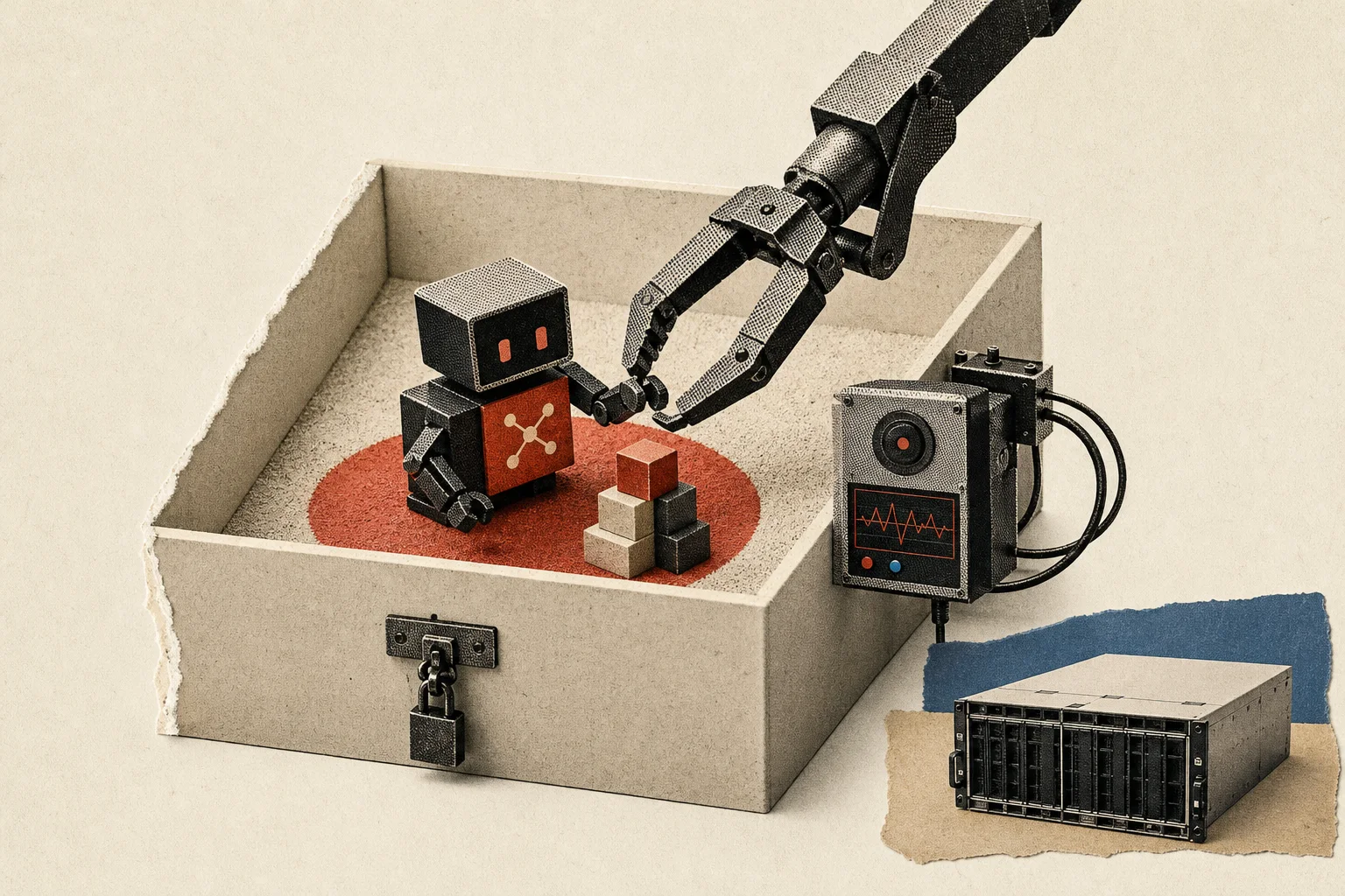 Editorial illustration supporting Red Hat and NVIDIA add agent-security designs to their AI Factory collaboration