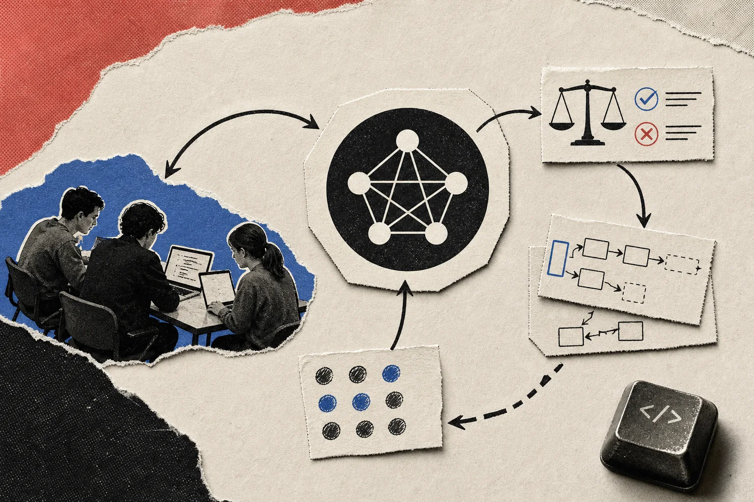 Editorial illustration supporting Sakana AI reports research gains from self-trained AI teams, but coding efficiency slips