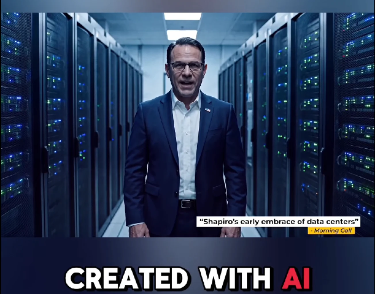 A man resembling Josh Shapiro stands between rows of server racks; text reads “Shapiro’s early embrace of data centers” and “CREATED WITH AI.”
