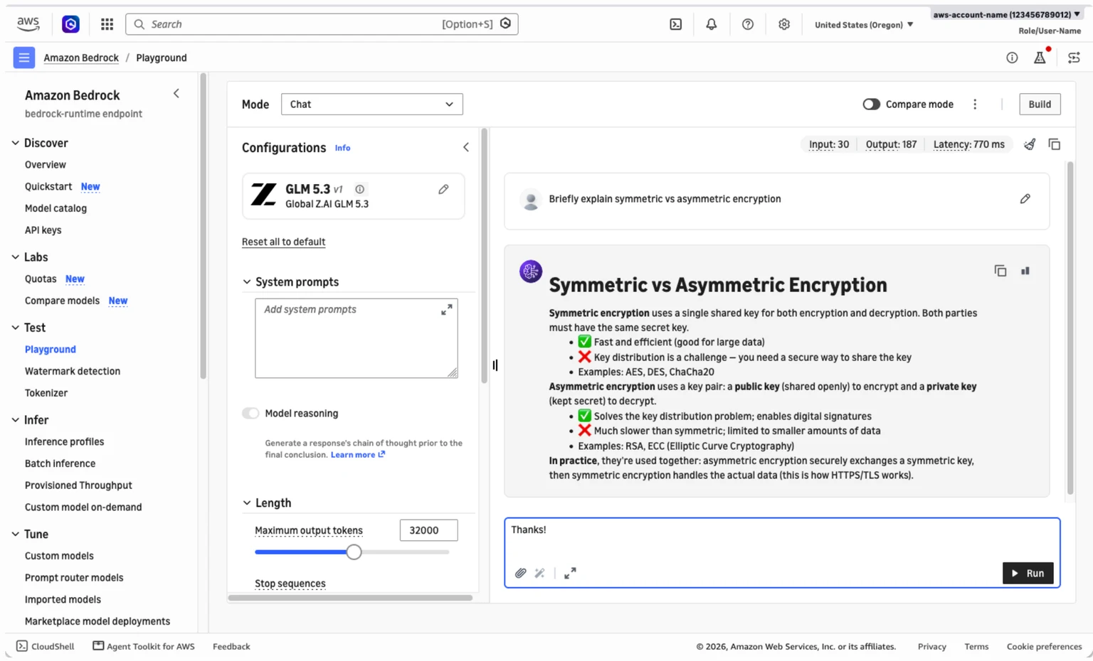 Amazon Bedrock Playground with GLM 5.3 selected, showing a prompt asking about symmetric and asymmetric encryption and the model’s response.