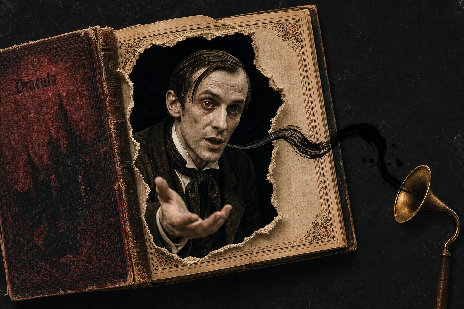 Editorial illustration supporting Audible Adds AI Character Conversations, Starting With Dracula
