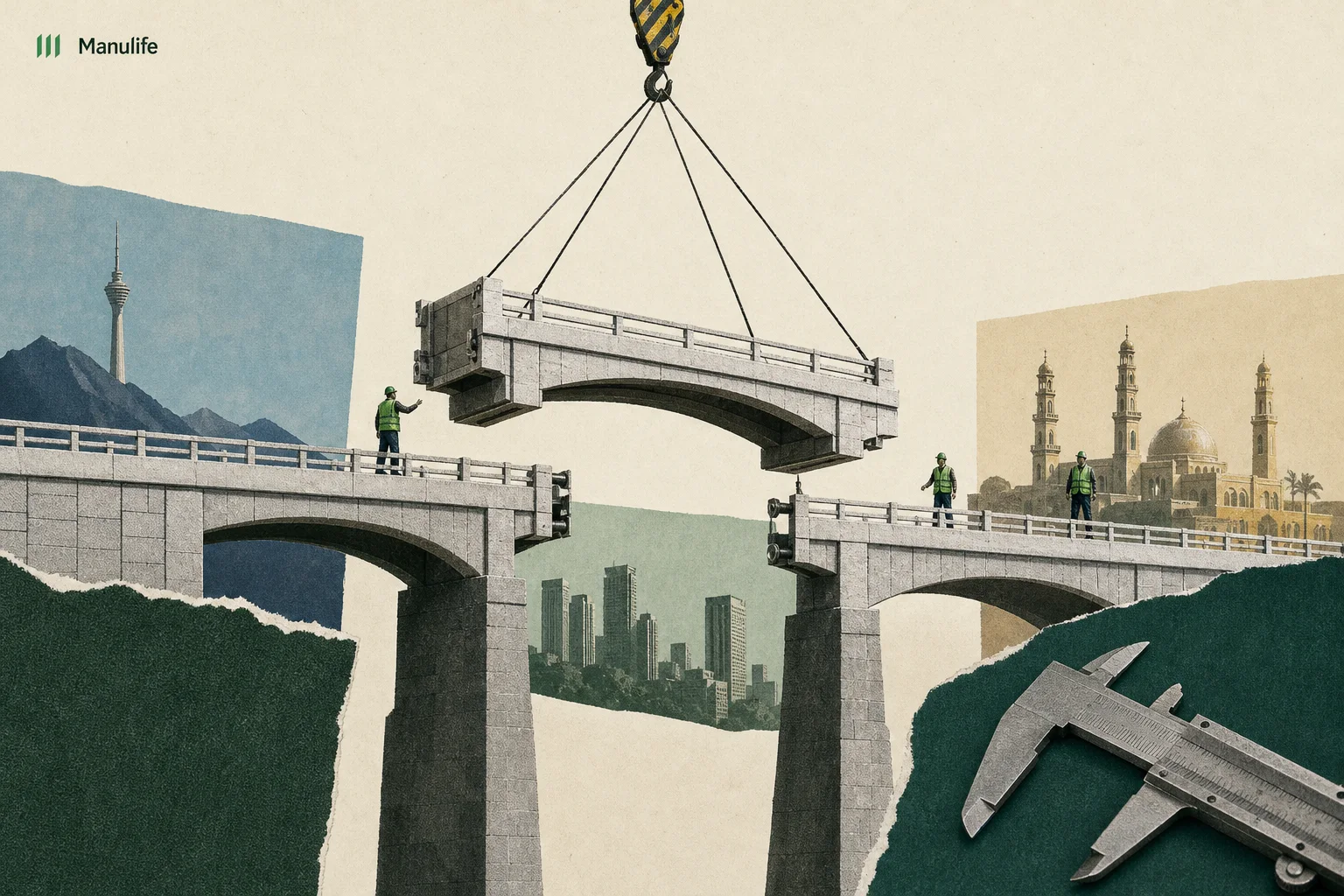 Editorial illustration supporting Manulife launches shared AI platform to reuse approved tools across markets