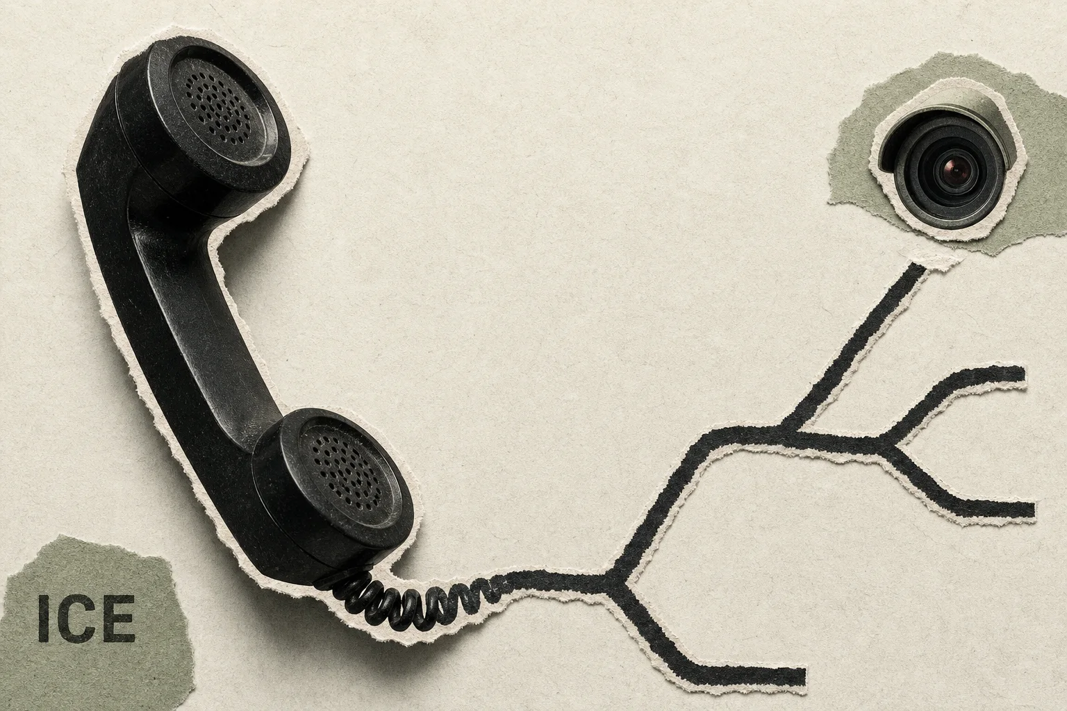Editorial illustration supporting ICE seeks AI surveillance system to link detainees’ calls, contacts and movements