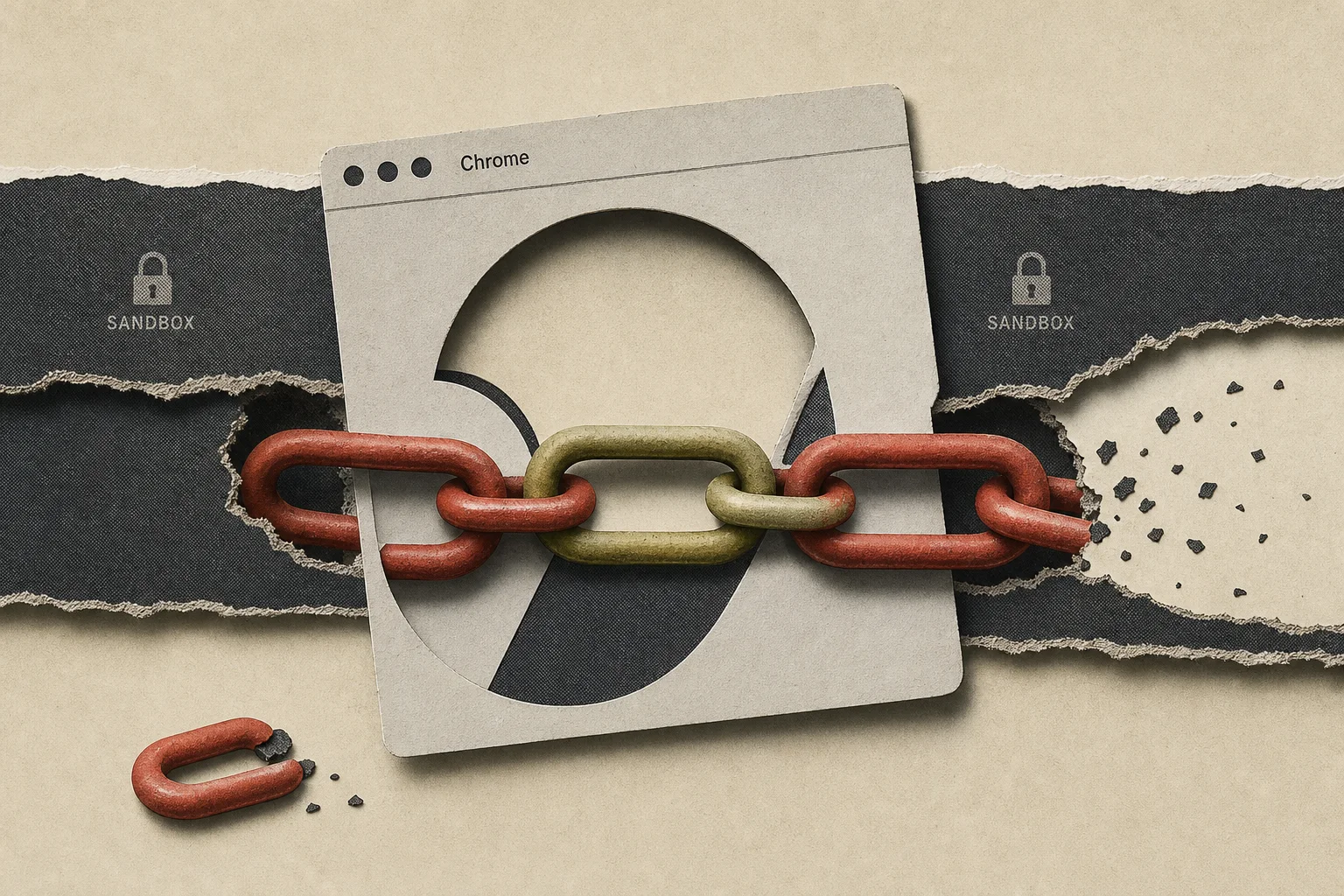 Editorial illustration supporting XBOW discloses AI-assisted Chrome attack chain built in six days