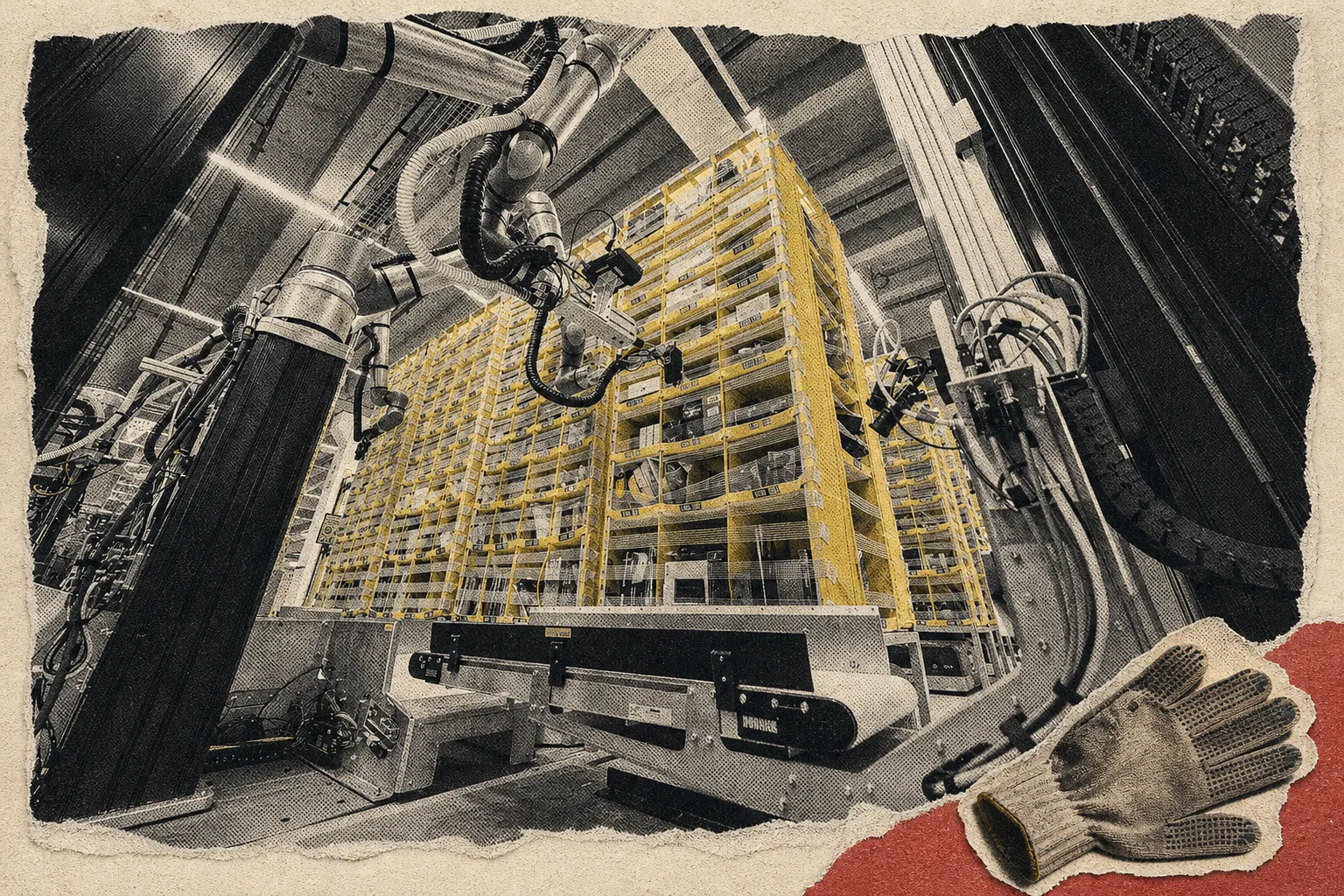Editorial illustration supporting Amazon explains robot rollout as researcher warns machines can dictate work pace