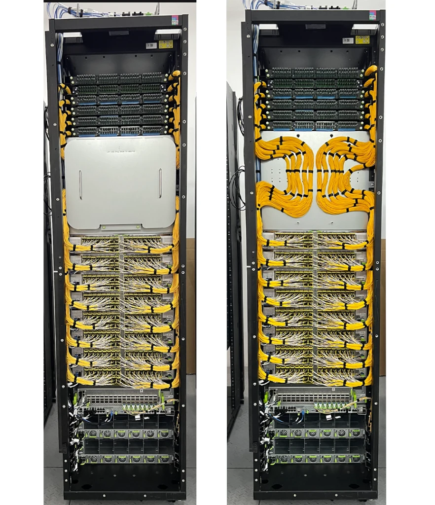 Two views of an open equipment rack with rows of network switches and bundled yellow cables.
