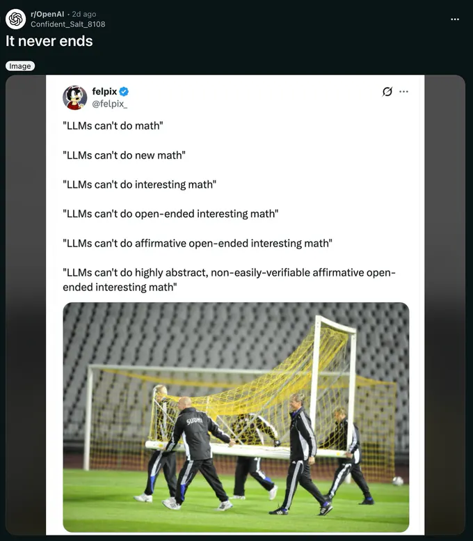 A Reddit post in r/OpenAI titled “It never ends,” sharing a post by felpix (@felpix_). The post lists increasingly narrow claims: “LLMs can't do math,” “LLMs can't do new math,” “LLMs can't do interesting math,” “LLMs can't do open-ended interesting math,” “LLMs can't do affirmative open-ended interesting math,” and “LLMs can't do highly abstract, non-easily-verifiable affirmative open-ended interesting math.” Below is a photo of people carrying a soccer goal and net across a field.