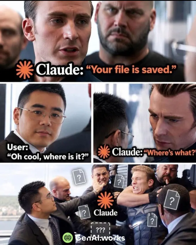 A four-panel meme uses scenes from a crowded action movie. Text reads: “Claude: ‘Your file is saved.’” A user asks, “Oh cool, where is it?” Claude replies, “Where’s what?” In the final panel, people struggle amid several file icons marked with question marks. “Claude” and “GenAI.works” are also visible.
