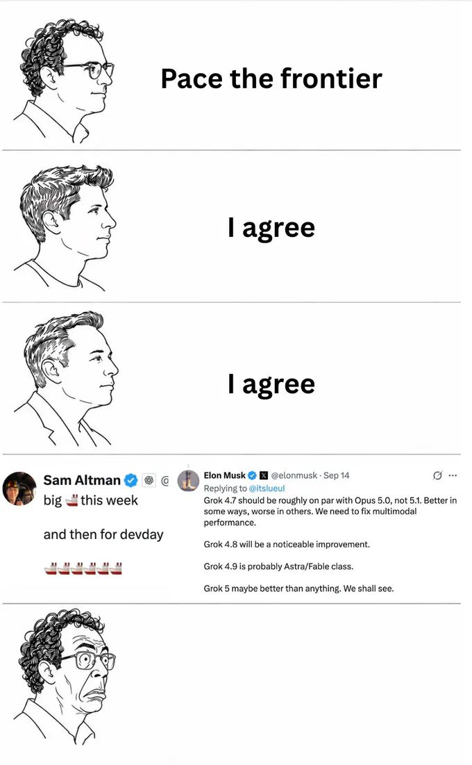 Black-and-white five-panel meme. The first three panels show illustrated side profiles with the captions “Pace the frontier,” “I agree,” and “I agree.” The fourth panel shows cropped social posts: Sam Altman writes “big [cake emojis] this week” and “and then for devday” followed by several cake emojis; Elon Musk writes that “Grok 4.7 should be roughly on par with Opus 5.0, not 5.1. Better in some ways, worse in others. We need to fix multimodal performance. Grok 4.8 will be a noticeable improv[e