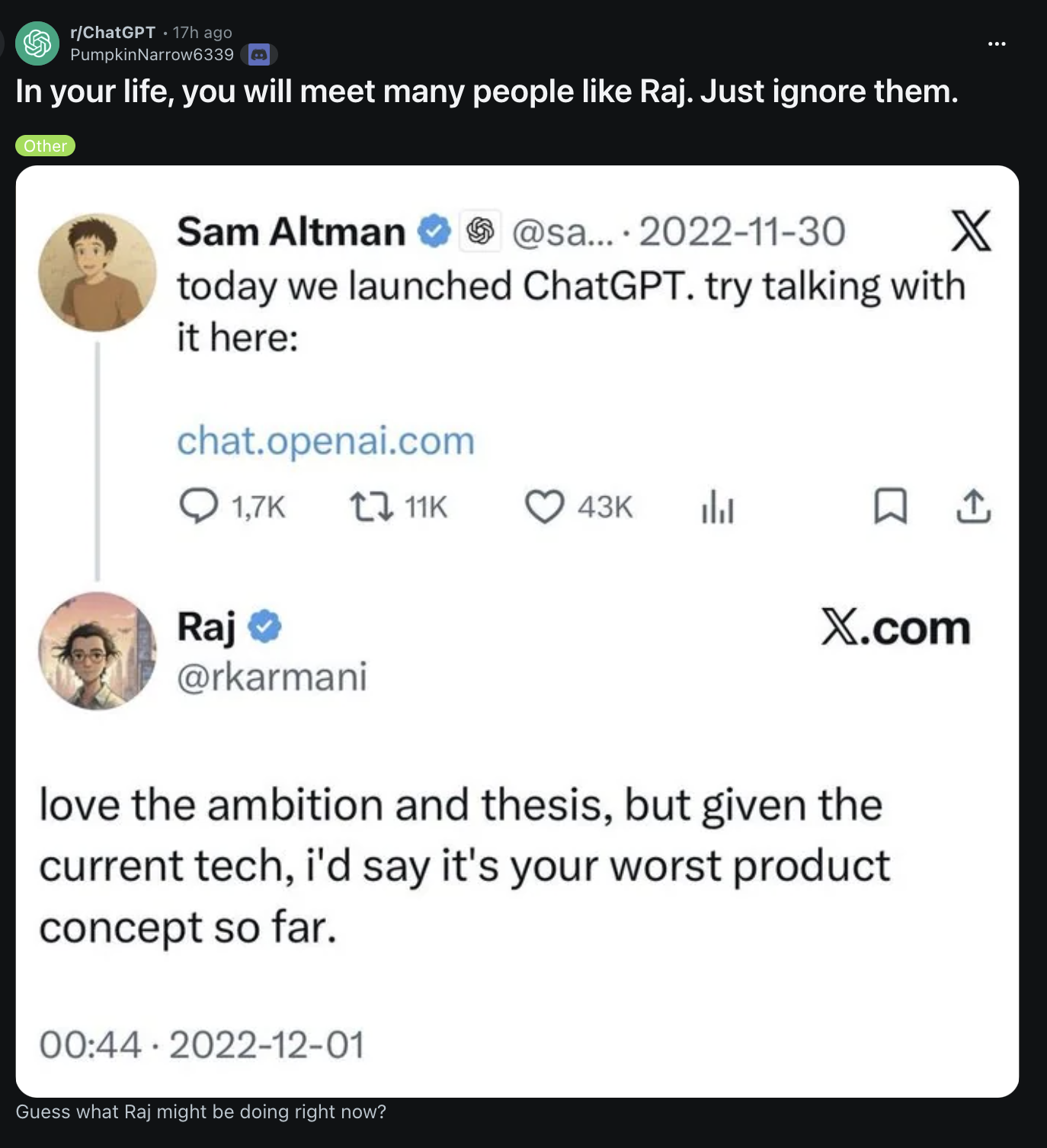 Reddit post in r/ChatGPT says, “In your life, you will meet many people like Raj. Just ignore them.” It shows an X post by Sam Altman dated 2022-11-30 announcing, “today we launched ChatGPT. try talking with it here: chat.openai.com,” followed by a reply from Raj (@rkarmani): “love the ambition and thesis, but given the current tech, i'd say it's your worst product concept so far.” The post asks, “Guess what Raj might be doing right now?”