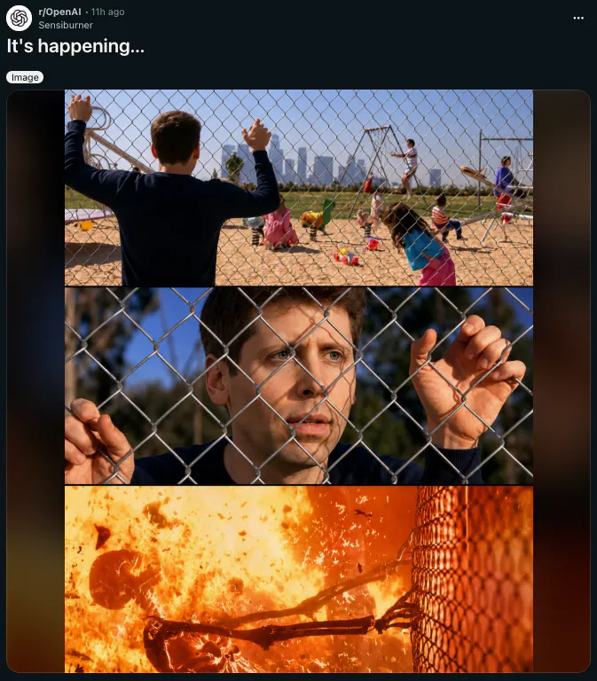 Screenshot of a Reddit post in r/OpenAI by “Senbiber,” marked “11h ago,” titled “It’s happening...” and labeled “Image.” The three-panel image shows a man watching children play behind a chain-link fence, a close-up of the same man gripping the fence, and a fiery explosion behind the fence.