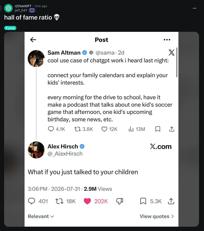 Reddit r/ChatGPT post titled “hall of fame ratio” shows an X post by Sam Altman: “cool use case of chatgpt work i heard last night: connect your family calendars and explain your kids' interests. every morning for the drive to school, have it make a podcast that talks about one kid's soccer game that afternoon, one kid's upcoming birthday, some news, etc.” Alex Hirsch replies: “What if you just talked to your children.”