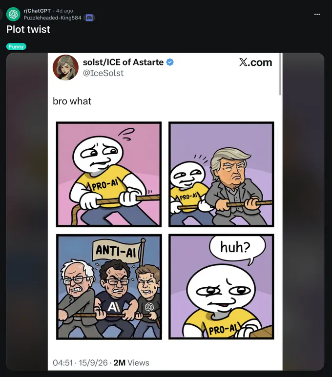 Screenshot of a Reddit post in r/ChatGPT titled “Plot twist,” showing an embedded X.com post by “solst/ICE of Astarte” (@IceSolst) with the text “bro what.” A four-panel cartoon depicts a character in a “PRO-AI” shirt pulling a rope, joined by Donald Trump; in the next panel, three people pull from the opposite side beneath an “ANTI-AI” flag, including a person in an “AI” shirt and another wearing a ChatGPT logo. The final panel shows the pro-AI character saying “huh?” The screenshot shows “04:​