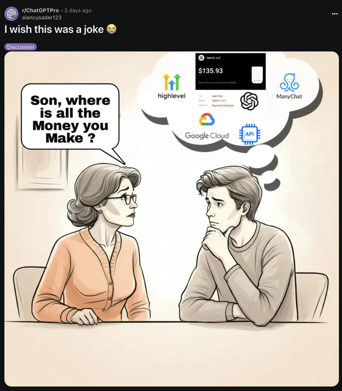 Reddit screenshot from r/ChatGPTPro by alancusader123, captioned “I wish this was a joke” with a Discussion label. An illustrated mother asks, “Son, where is all the Money you Make?” The son thinks about an OpenAI, LLC invoice for $135.93, plus logos or labels for HighLevel, ManyChat, Google Cloud, an API chip, and ChatGPT/OpenAI.