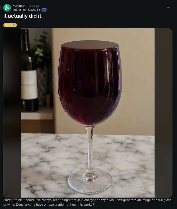 Screenshot of a Reddit post in r/ChatGPT titled “It actually did it.” with a News tag. It shows a large wine glass filled with dark red wine on a marble countertop. The caption reads: “I didn’t think it could, I’ve always seen things that said chatgpt or any ai couldn’t generate an image of a full glass of wine. Does anyone have an explanation of how this works?”