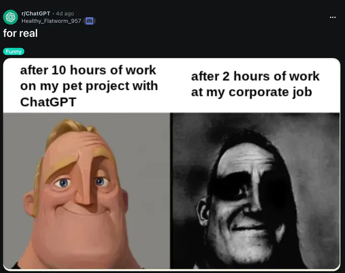 Reddit screenshot from r/ChatGPT. Text reads “for real.” A two-panel meme compares “after 10 hours of work on my pet project with ChatGPT,” showing a relaxed animated blond character, with “after 2 hours of work at my corporate job,” showing a stark black-and-white distressed face. A “Funny” label is visible.