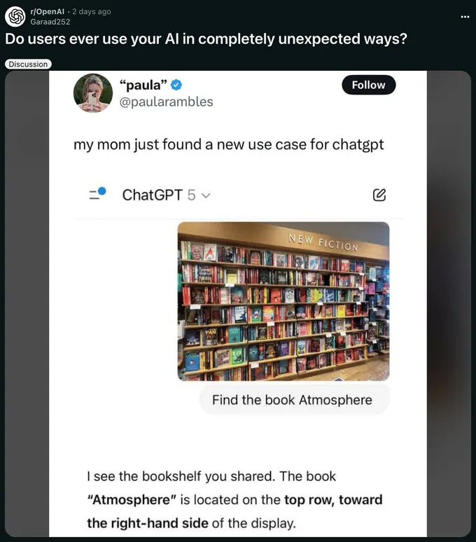 Reddit screenshot from r/OpenAI titled “Do users ever use your AI in completely unexpected ways?” A reposted social post says “my mom just found a new use case for chatgpt” and shows ChatGPT 5 analyzing a bookstore shelf. The prompt reads “Find the book Atmosphere.” ChatGPT replies that the book “Atmosphere” is on the top row toward the right-hand side, though the visible joke is that the identification appears incorrect or overconfident.
