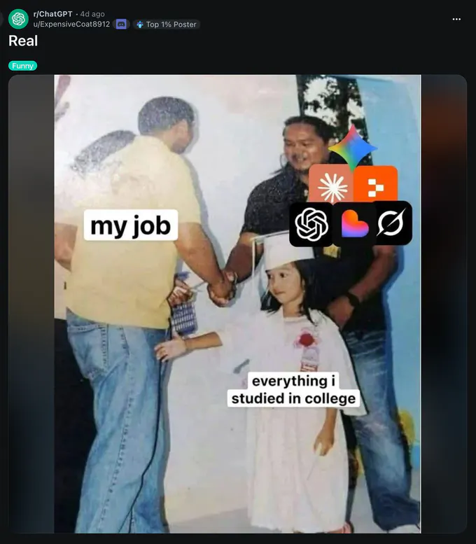 Screenshot of a Reddit post in r/ChatGPT titled “Real,” tagged “Funny.” A meme shows a person labeled “my job” holding hands with a child labeled “everything i studied in college,” while several AI tool logos appear over another person beside them. Visible logos include ChatGPT, Gemini, and Claude.
