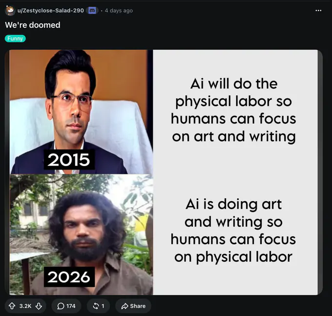 A split-panel meme in a Reddit post titled “We're doomed.” The upper panel is labeled “2015” and shows a suited person with the text, “Ai will do the physical labor so humans can focus on art and writing.” The lower panel is labeled “2026” and shows a bearded person outdoors with the text, “Ai is doing art and writing so humans can focus on physical labor.”